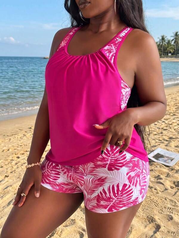 Tankini Decote Redondo Com Franzido Suave Alongado Plus Size