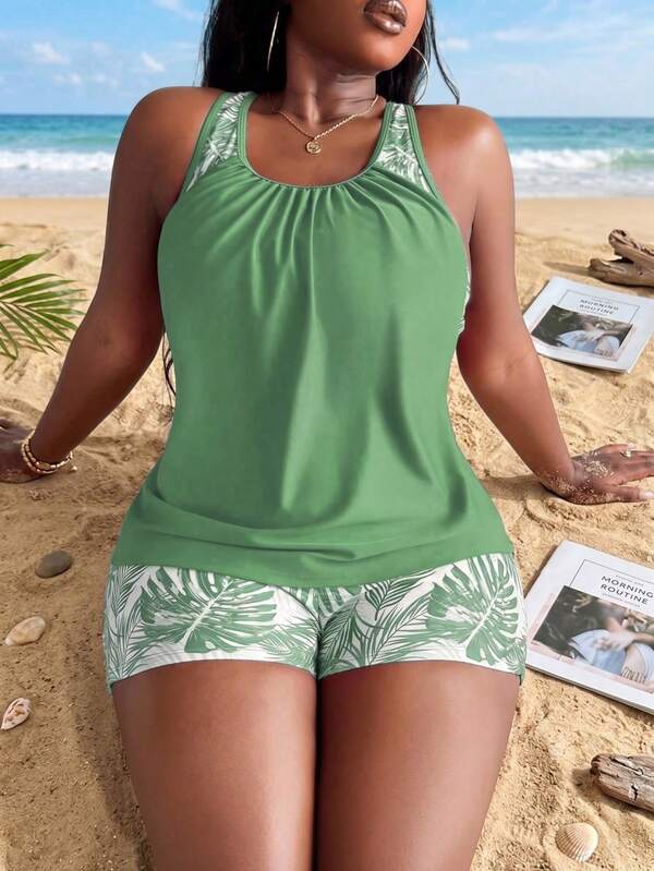 Tankini Decote Redondo Com Franzido Suave Alongado Plus Size