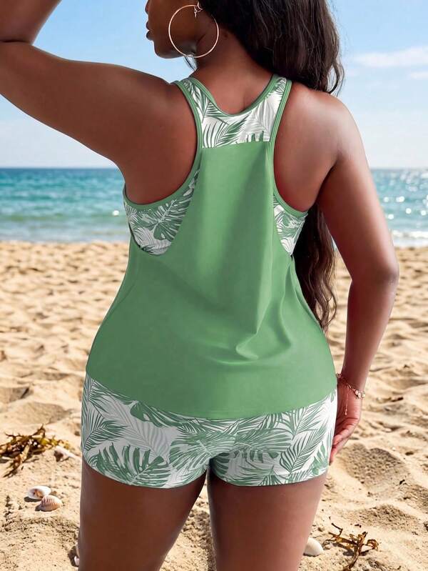 Tankini Decote Redondo Com Franzido Suave Alongado Plus Size