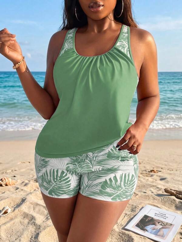 Tankini Decote Redondo Com Franzido Suave Alongado Plus Size
