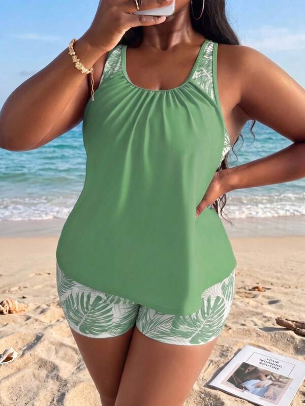 Tankini Decote Redondo Com Franzido Suave Alongado Plus Size