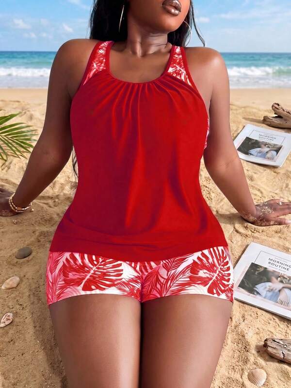 Tankini Decote Redondo Com Franzido Suave Alongado Plus Size