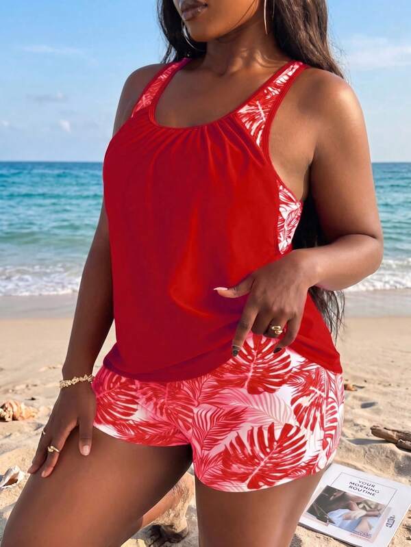 Tankini Decote Redondo Com Franzido Suave Alongado Plus Size