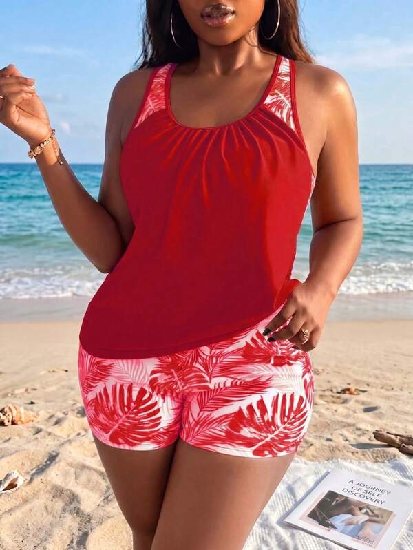 Tankini Decote Redondo Com Franzido Suave Alongado Plus Size