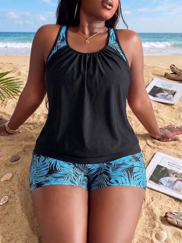 Tankini Decote Redondo Com Franzido Suave Alongado Plus Size