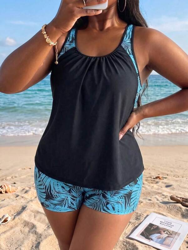 Tankini Decote Redondo Com Franzido Suave Alongado Plus Size