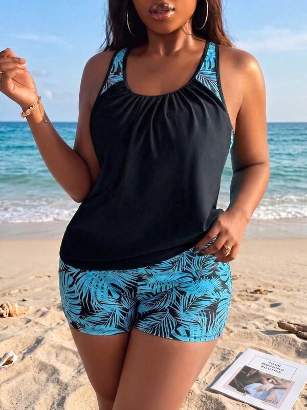 Tankini Decote Redondo Com Franzido Suave Alongado Plus Size