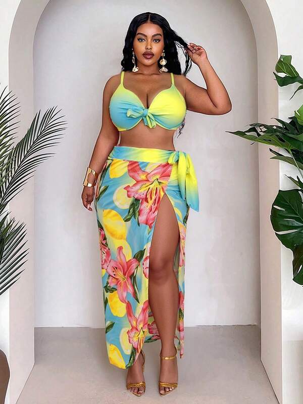 Conjunto Pareô Cintura Alta Estampado Degradê Floral Plus Size