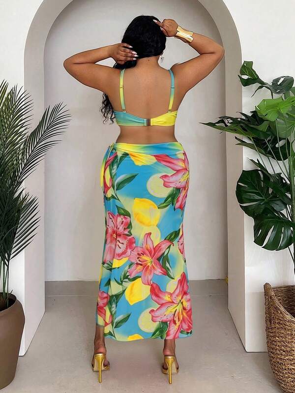 Conjunto Pareô Cintura Alta Estampado Degradê Floral Plus Size