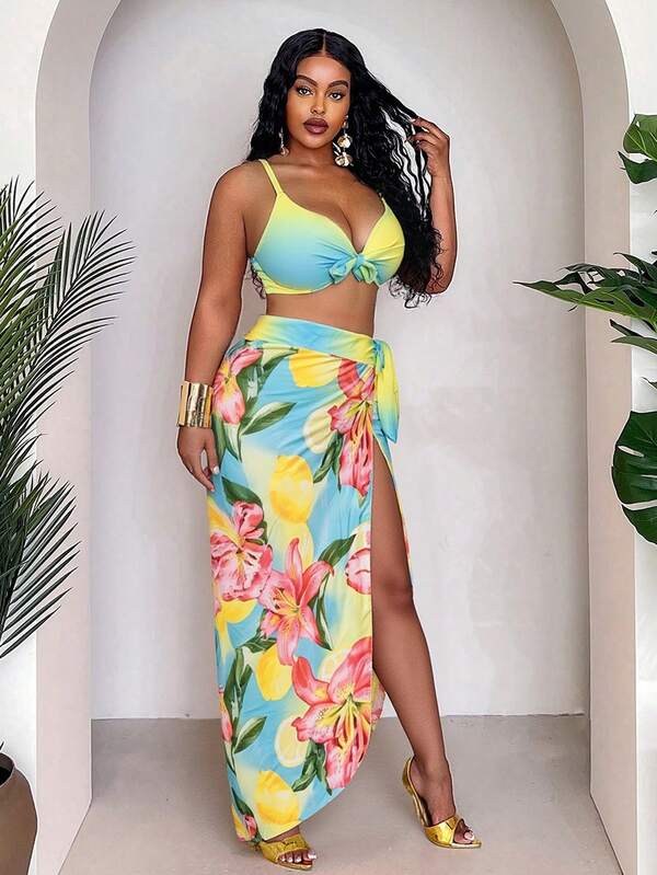 Conjunto Pareô Cintura Alta Estampado Degradê Floral Plus Size