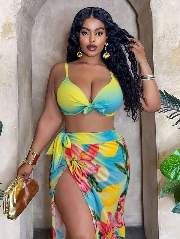 Conjunto Pareô Cintura Alta Estampado Degradê Floral Plus Size