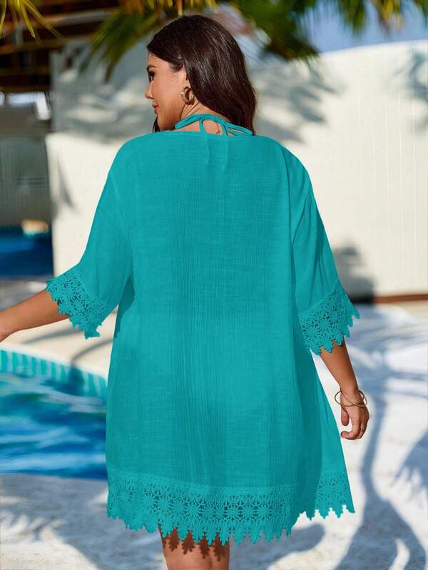 Saída De Praia Chemise Curta Com Botões E Renda Plus Size