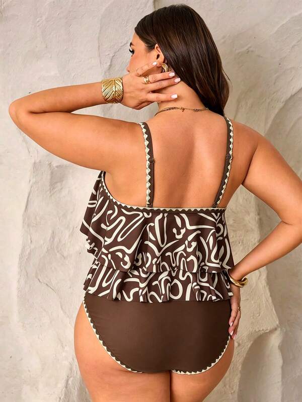 Tankini Decote Redondo Sobreposição Fluida Plus Size