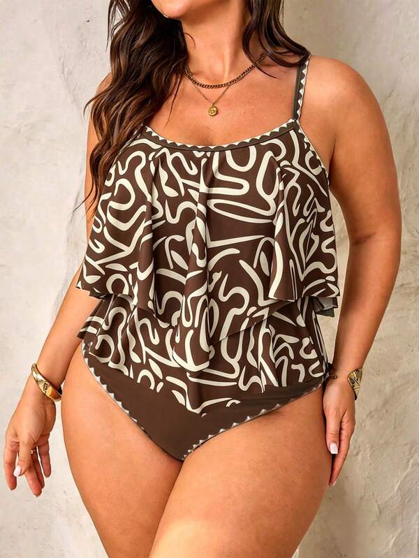 Tankini Decote Redondo Sobreposição Fluida Plus Size