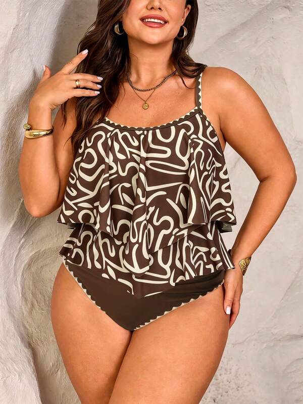 Tankini Decote Redondo Sobreposição Fluida Plus Size