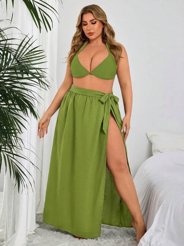 Saída De Praia Pareô Longo Com Amarração E Fenda Plus Size