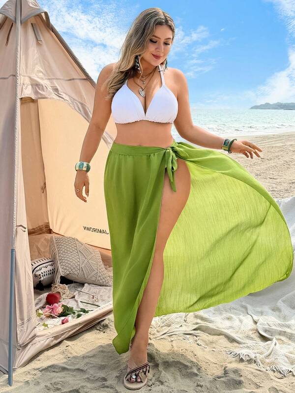 Saída De Praia Pareô Longo Com Amarração E Fenda Plus Size
