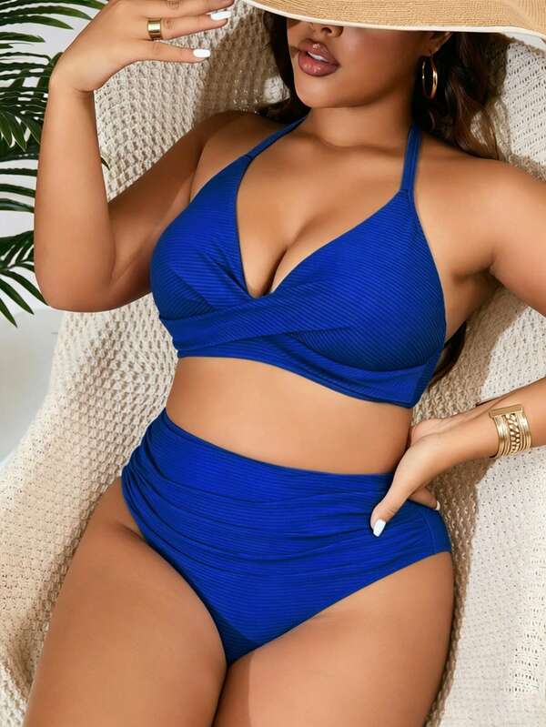 Biquíni Frente Única Cintura Alta Drapeado Canelado Plus Size