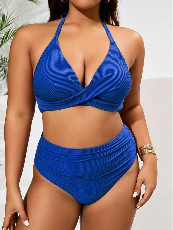 Biquíni Frente Única Cintura Alta Drapeado Canelado Plus Size