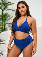 Biquíni Frente Única Cintura Alta Drapeado Canelado Plus Size