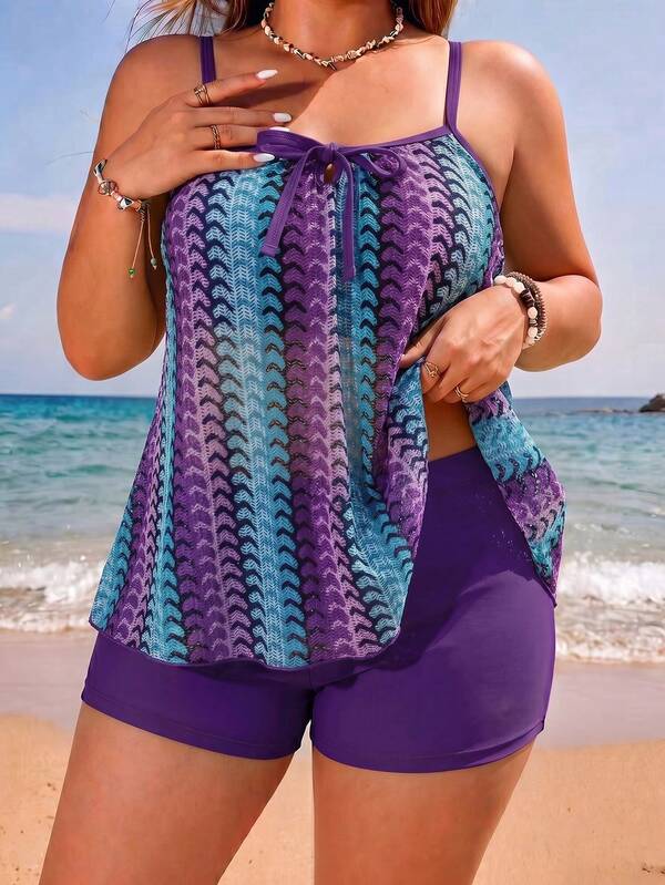 Tankini Alças Finas Com Amarração Vazado Alongado Plus Size