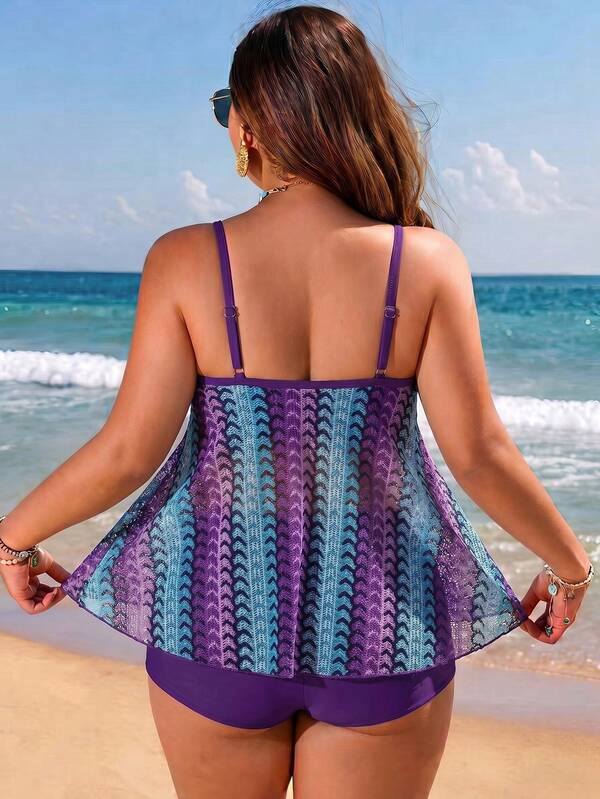Tankini Alças Finas Com Amarração Vazado Alongado Plus Size