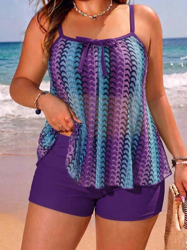 Tankini Alças Finas Com Amarração Vazado Alongado Plus Size