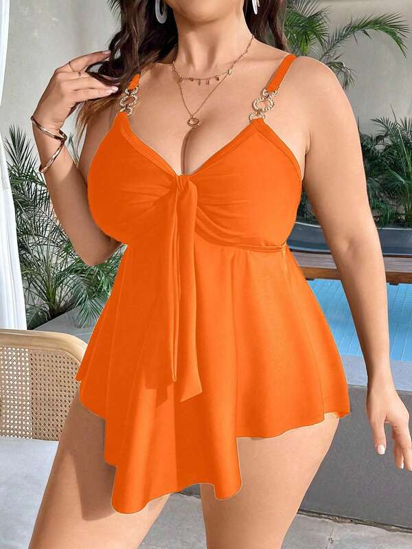 Tankini Decote V Com Argolas E Faixa Alongado Plus Size