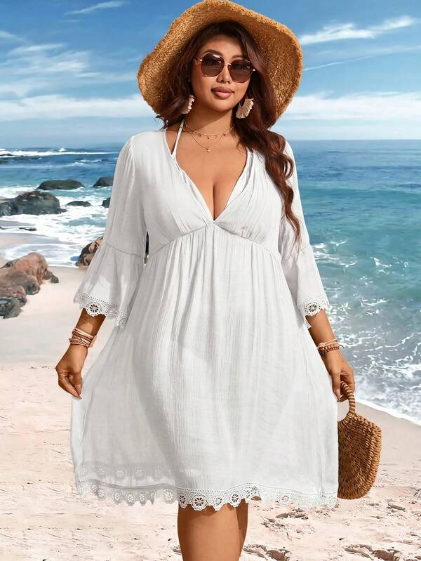 Saída De Praia Vestido Curto Com Renda E Manga Sino Plus Size