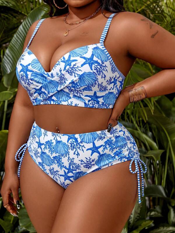 Biquíni Meia Taça Cintura Alta Estampado Resort Plus Size