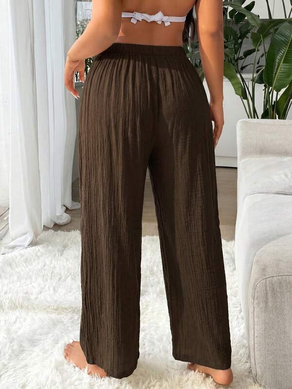 Saída De Praia Calça Pantalona Texturizada Resort Plus Size
