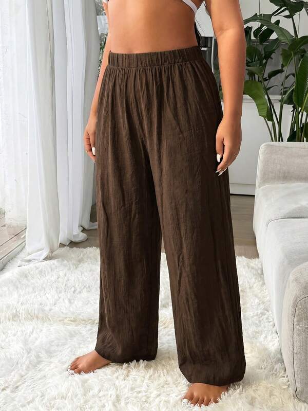 Saída De Praia Calça Pantalona Texturizada Resort Plus Size