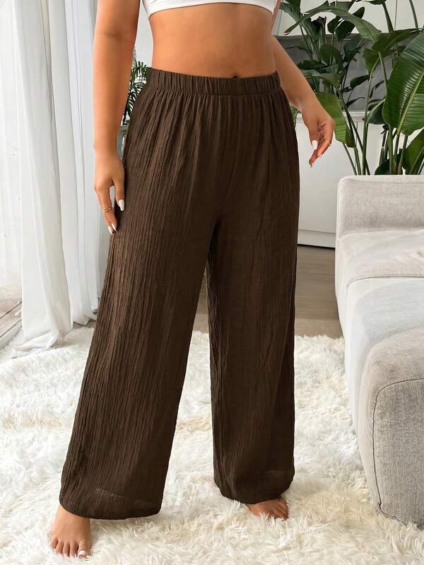 Saída De Praia Calça Pantalona Texturizada Resort Plus Size