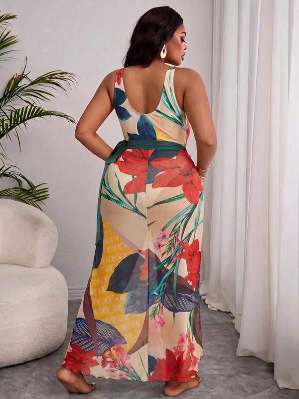 Conjunto Transpassado Estampado Com Pareô Plus Size