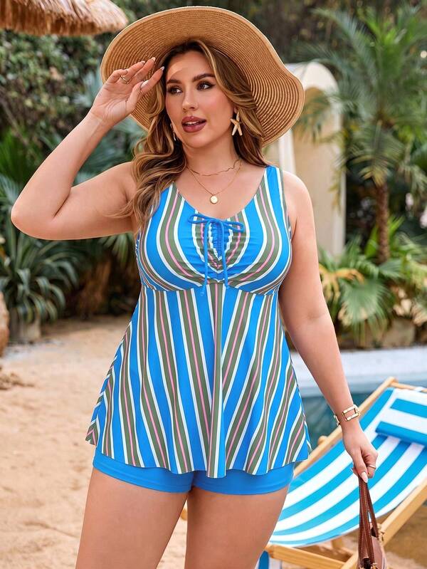 Tankini Decote Redondo Franzido Com Amarração Plus Size