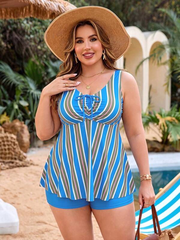 Tankini Decote Redondo Franzido Com Amarração Plus Size
