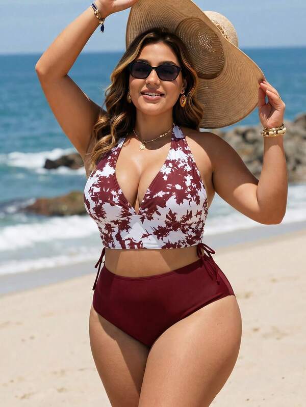 Biquíni Frente Única Cintura Alta Estampado m Cima Plus Size