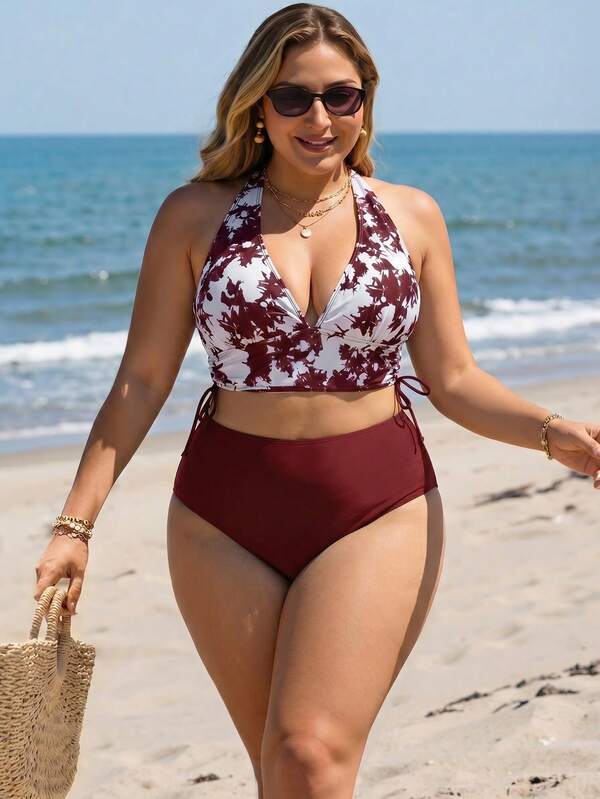 Biquíni Frente Única Cintura Alta Estampado m Cima Plus Size
