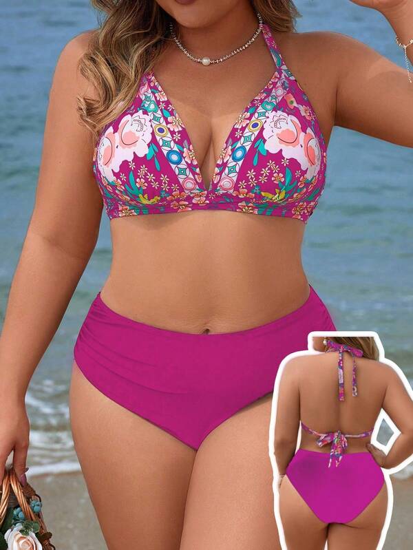Biquíni Frente Única Cintura Alta Estampado Floral Plus Size